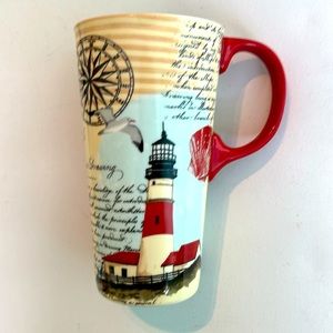Cypress tall ceramic mug with cover and Lighthouse red white blue
